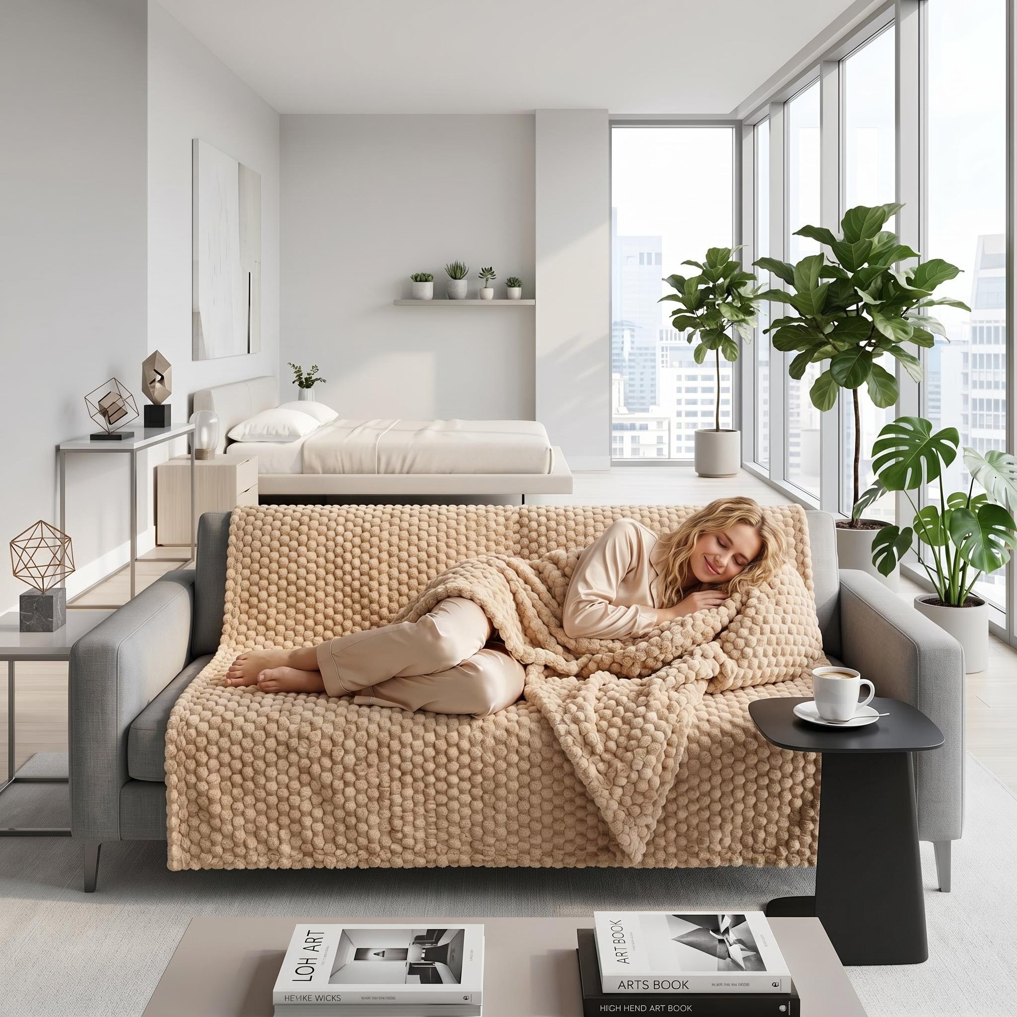 Blonde woman sleeping on a grey sofa, covered by a beige Clouds Jacquard Fleece Blanket with a 3D cloud pattern.