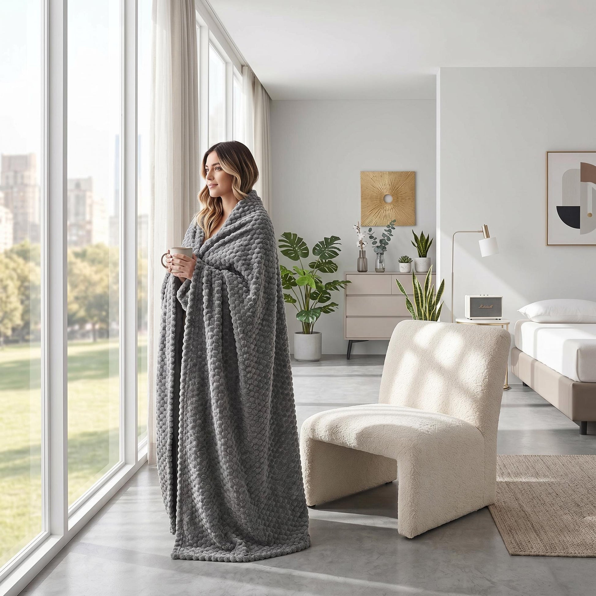 Woman wrapped in a soft gray Clouds Jacquard Fleece Blanket with a 3D cloud pattern, looking out a window.