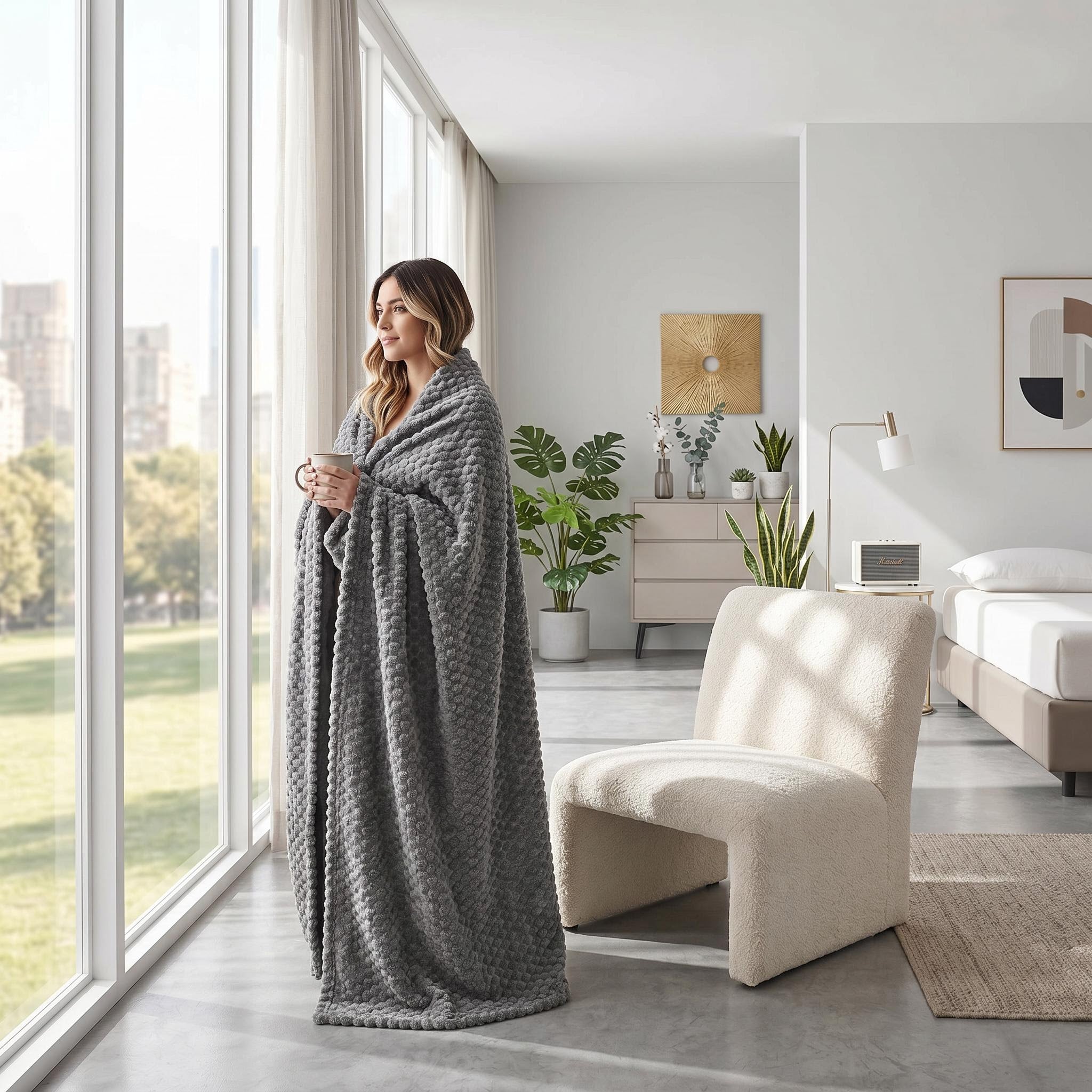 Woman wrapped in a soft gray Clouds Jacquard Fleece Blanket with a 3D cloud pattern, looking out a window.