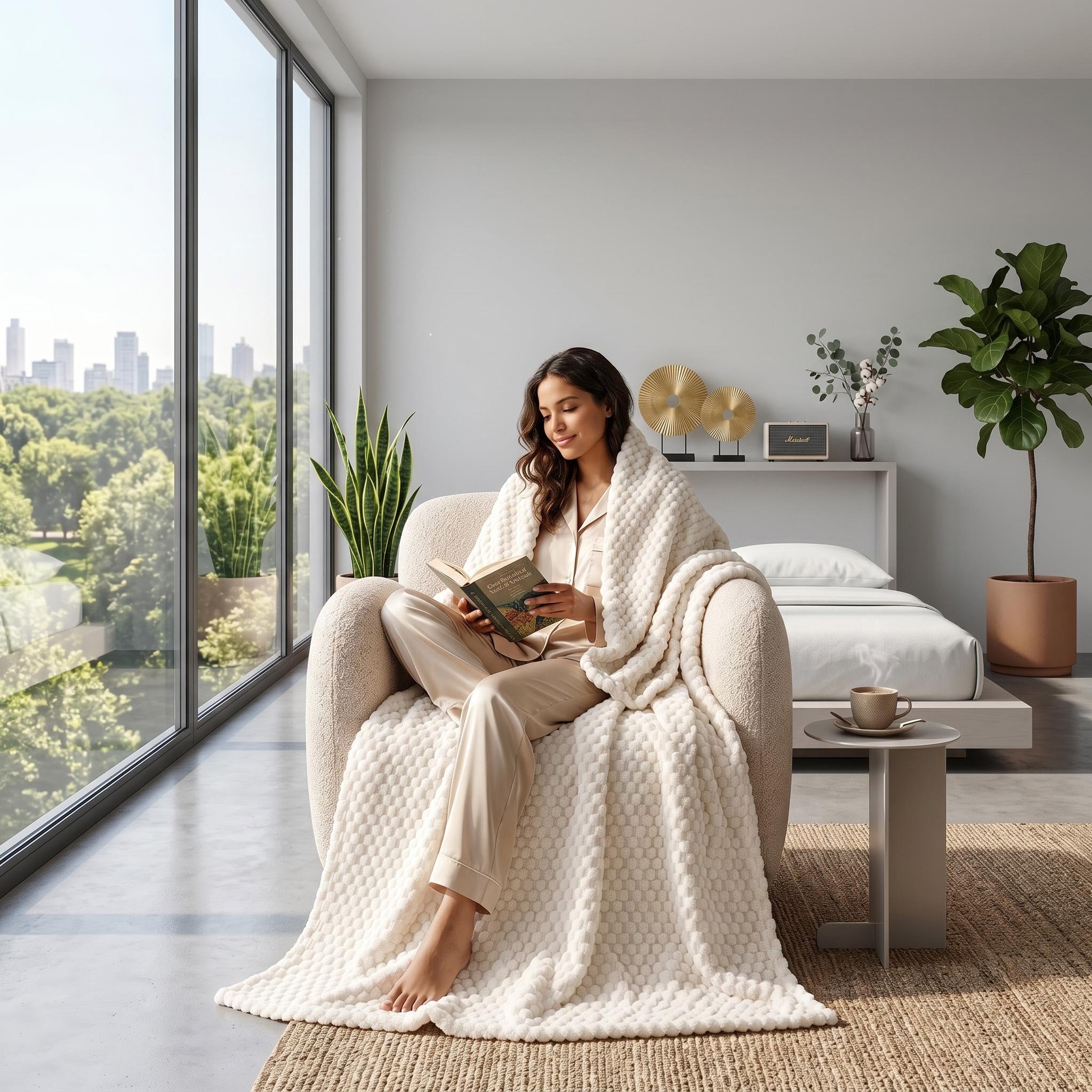 Woman wrapped in a cream Clouds Jacquard Fleece Blanket with a 3D cloud pattern, reading in a modern room.