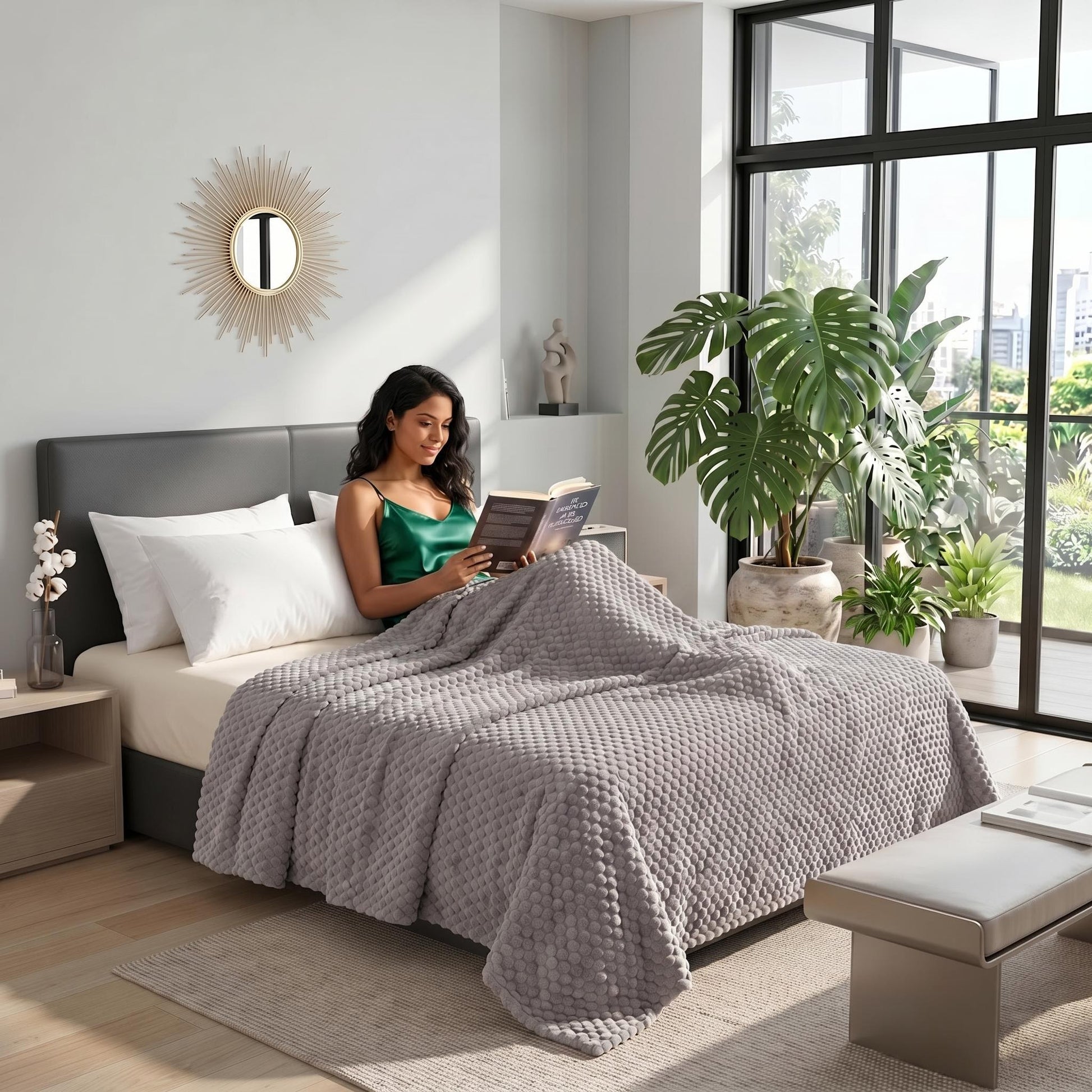 Woman reading in bed, covered by a gray Clouds Jacquard Fleece Blanket with a 3D cloud pattern.