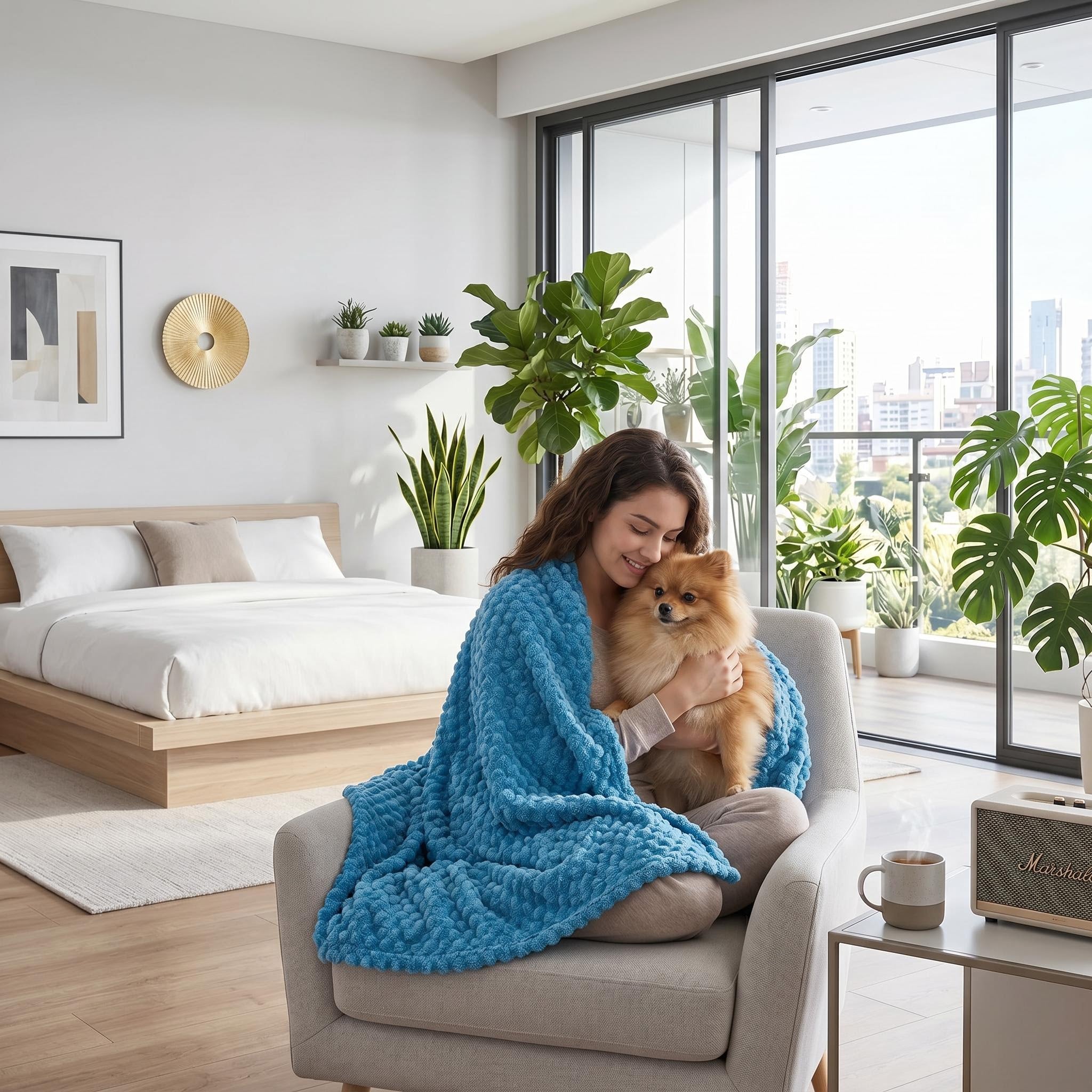 Woman cuddling a fluffy dog, wrapped in a blue Clouds Jacquard Fleece Blanket with a 3D cloud pattern.