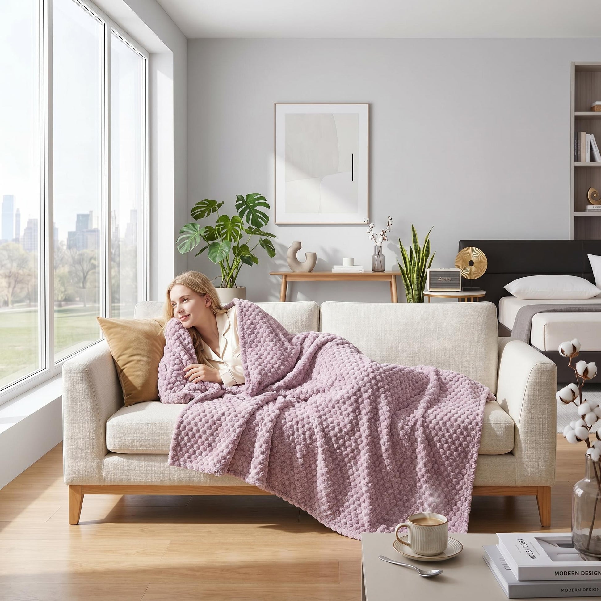 Woman relaxing on a sofa, covered by a soft, light purple Clouds Jacquard Fleece Blanket with a 3D cloud pattern.