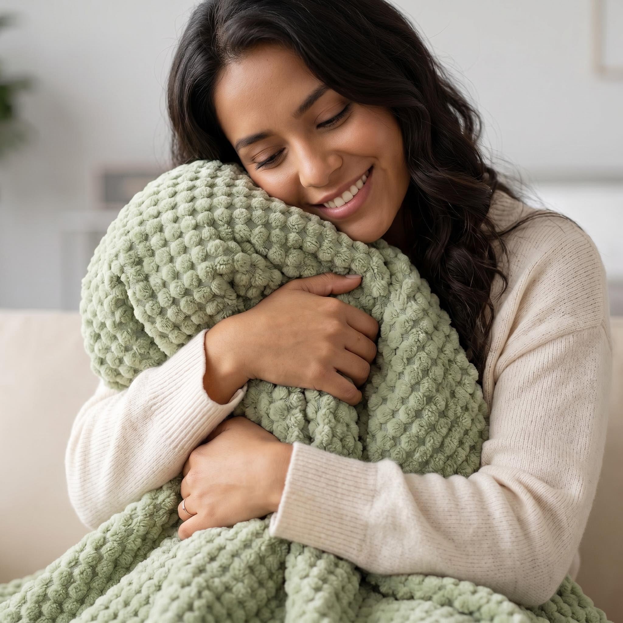 Smiling woman hugging a soft, sage green Clouds Jacquard Fleece Blanket with a 3D cloud pattern.