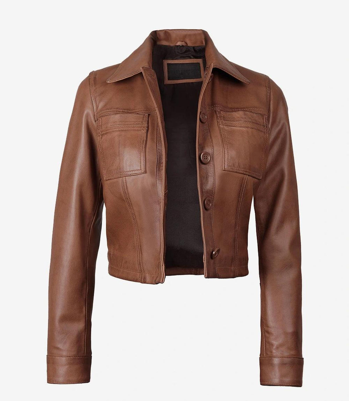 Cognac Cropped Leather Jacket for Women-Leather Jackets-Glompi-Glompi