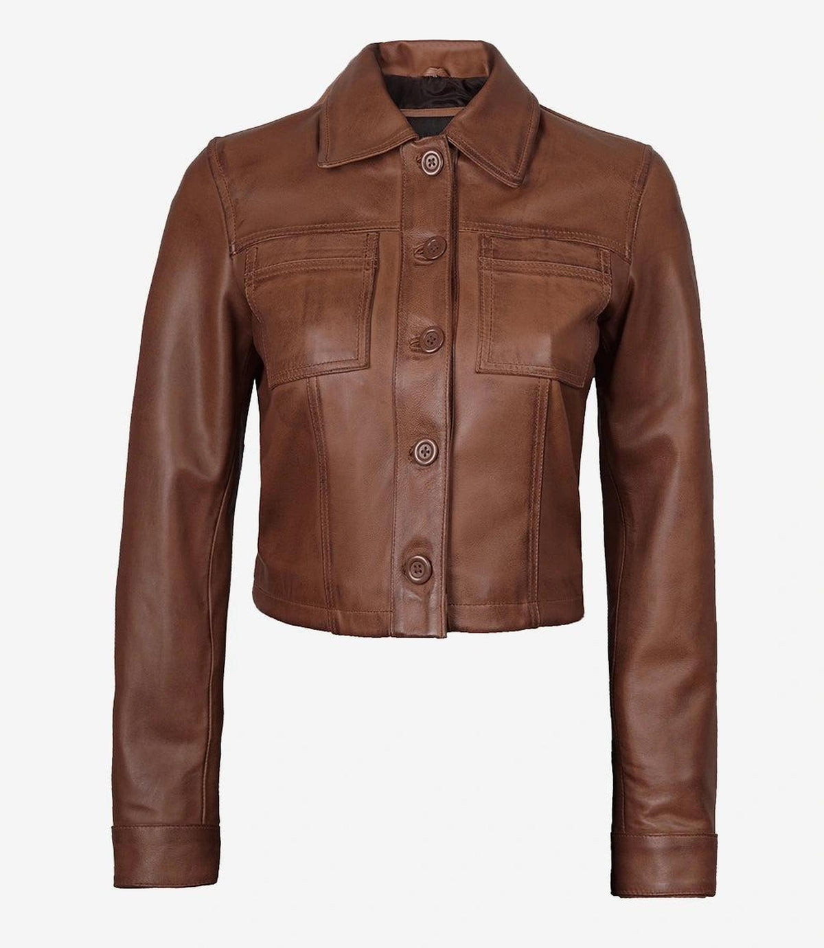 Cognac Cropped Leather Jacket for Women-Leather Jackets-Glompi-Glompi