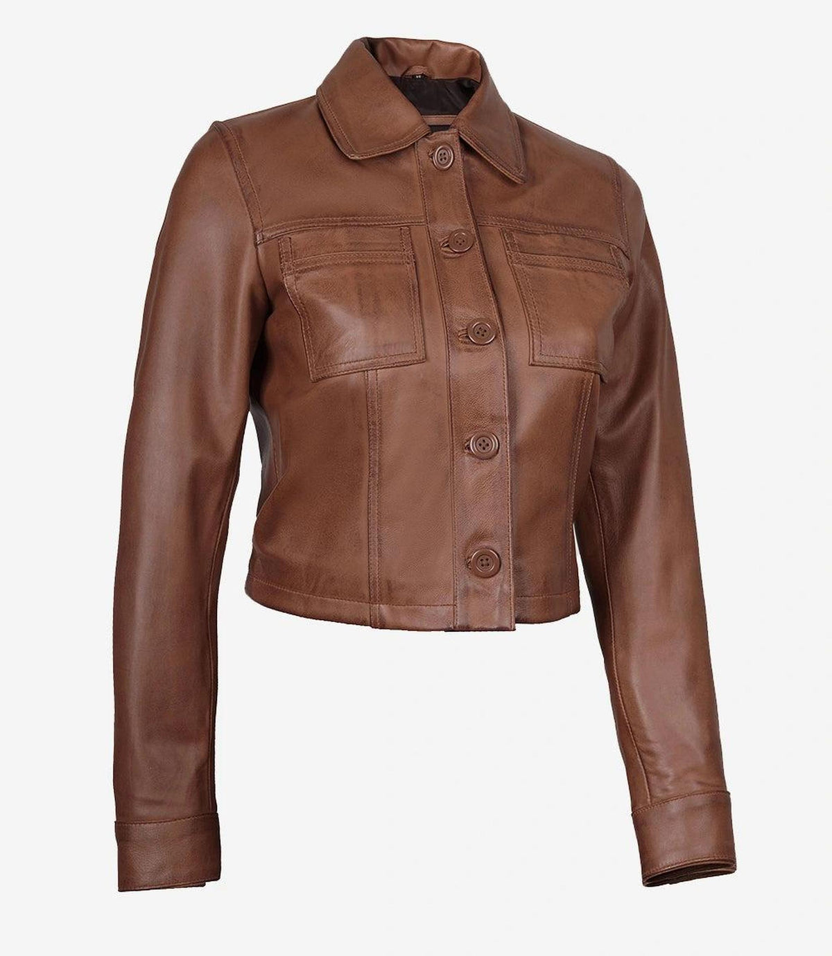Cognac Cropped Leather Jacket for Women-Leather Jackets-Glompi-Glompi