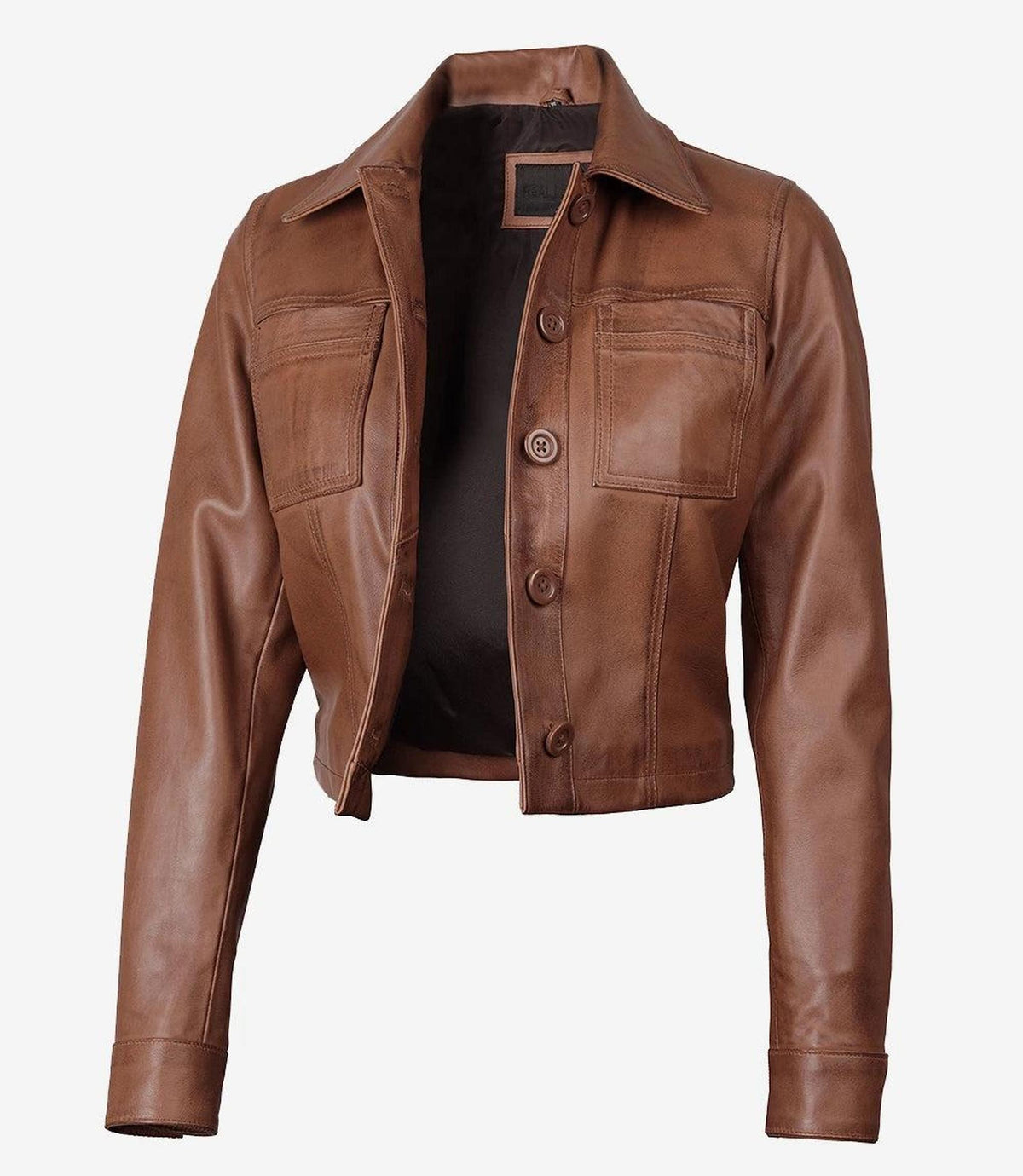 Cognac Cropped Leather Jacket for Women-Leather Jackets-Glompi-XS-Glompi