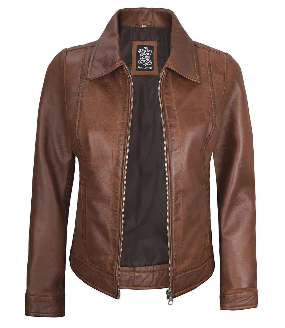 Cognac Lambskin Leather Jacket for Women with Shirt Collar 2