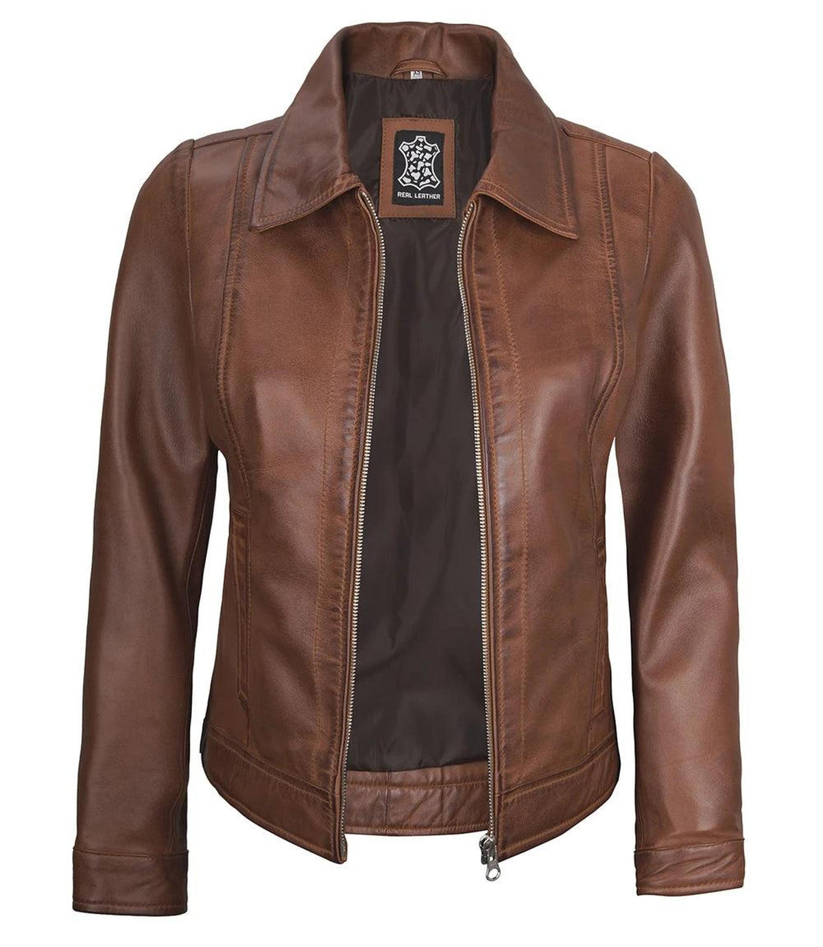 Cognac Lambskin Leather Jacket for Women with Shirt Collar-Leather Jackets-Glompi-Glompi