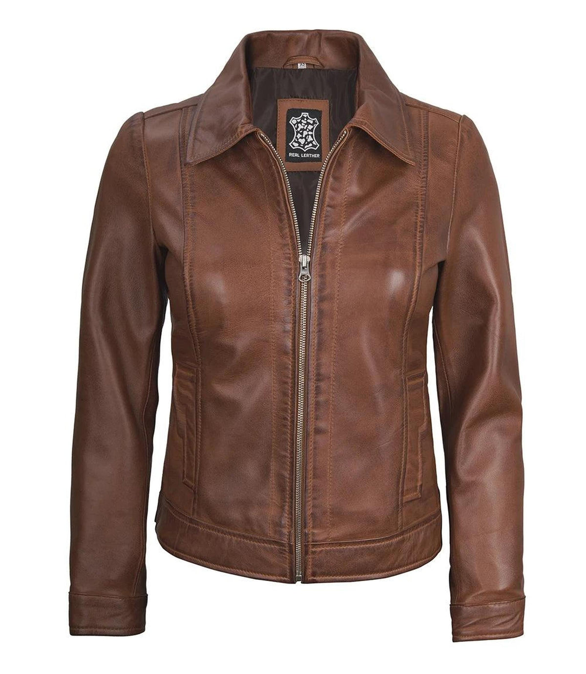 Cognac Lambskin Leather Jacket for Women with Shirt Collar-Leather Jackets-Glompi-Glompi