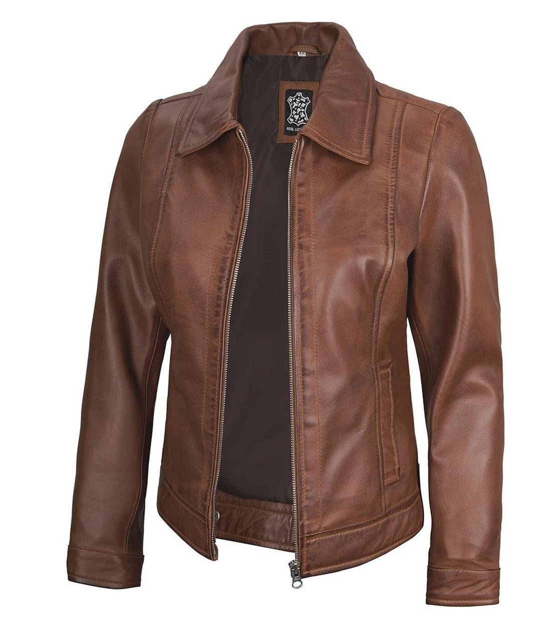 Cognac Lambskin Leather Jacket for Women with Shirt Collar 2