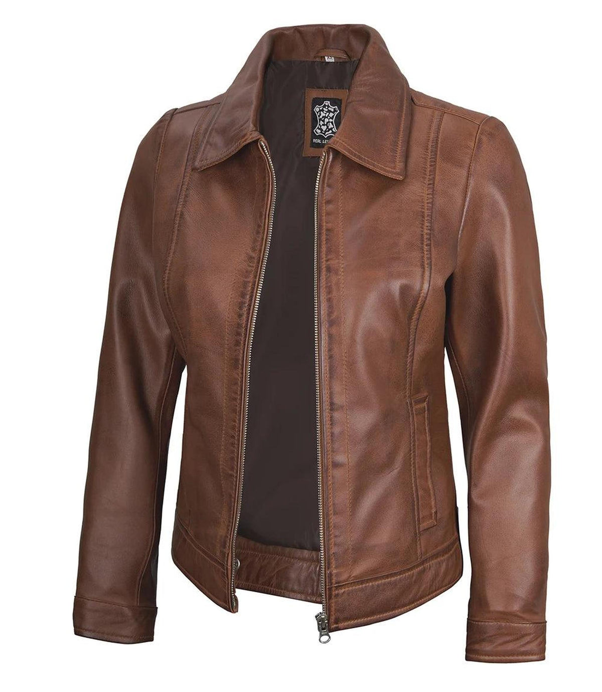 Cognac Lambskin Leather Jacket for Women with Shirt Collar 2