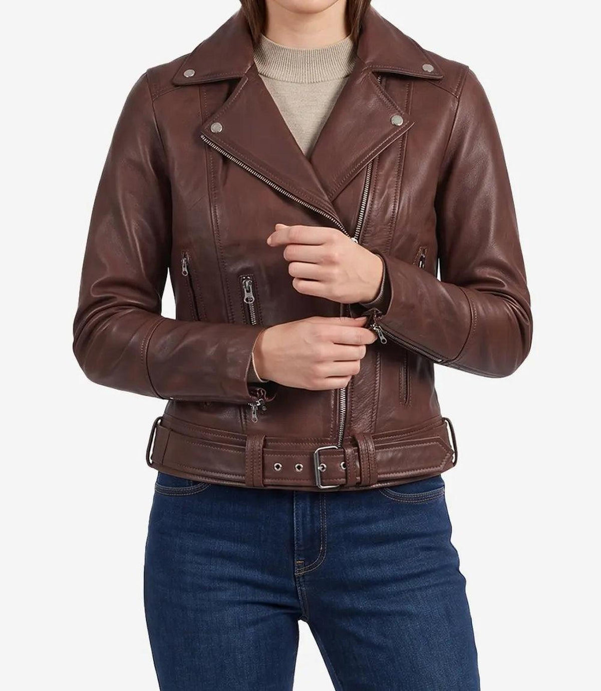 Cognac Leather Asymmetrical Biker Jacket for Women-Leather Jackets-Glompi-Glompi