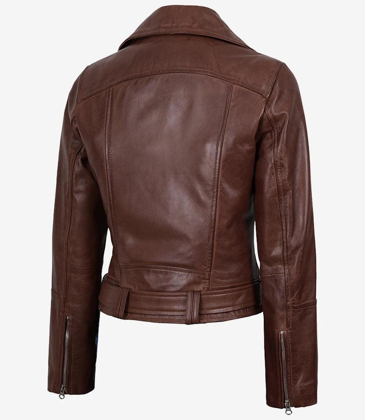 Cognac Leather Asymmetrical Biker Jacket for Women-Leather Jackets-Glompi-Glompi