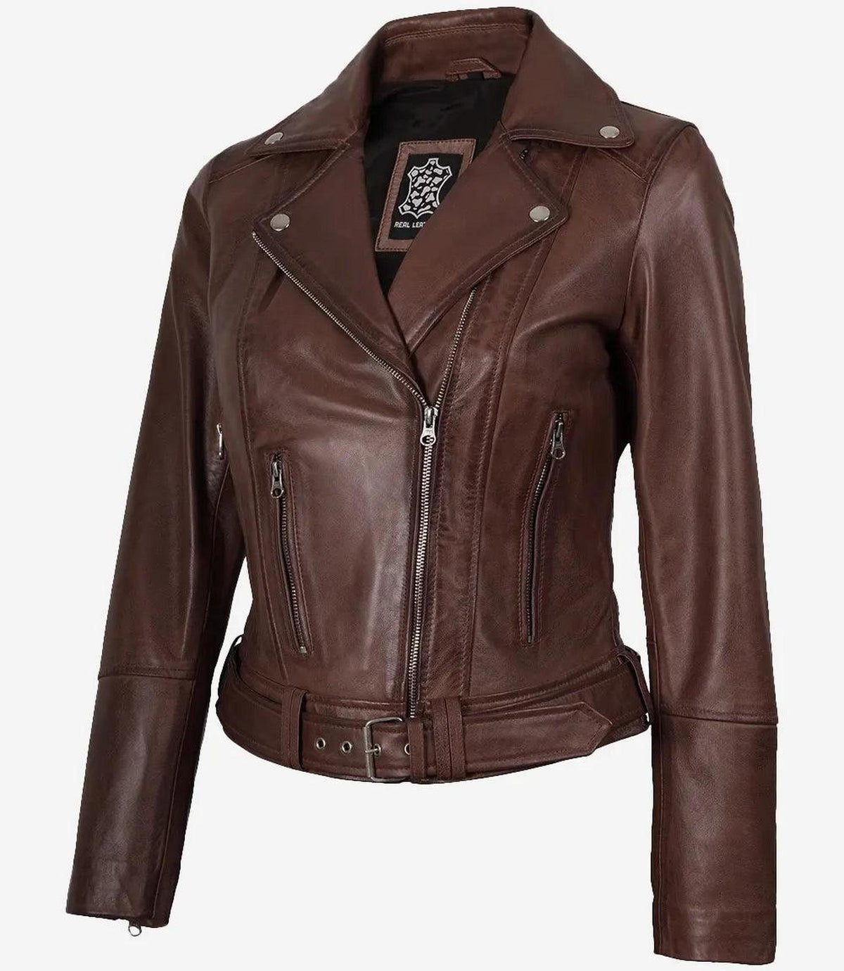 Cognac Leather Asymmetrical Biker Jacket for Women-Leather Jackets-Glompi-XS-Glompi