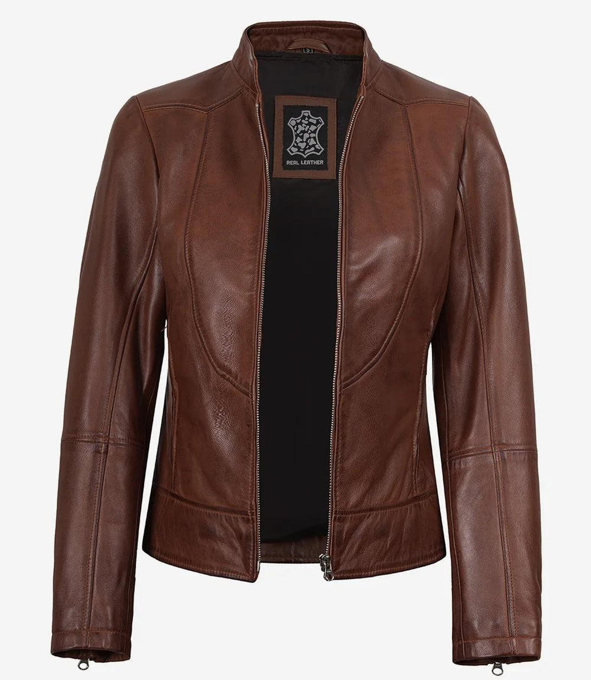 Cognac Leather Biker Style Jacket for Women-Leather Jackets-Glompi-Glompi