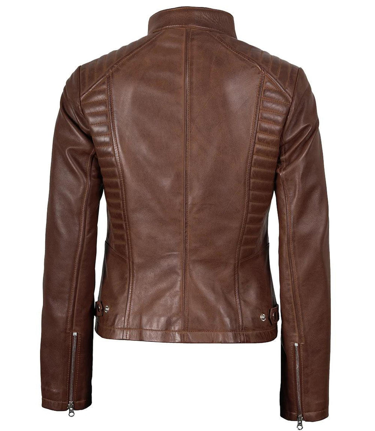 Cognac Leather Biker Style Jacket for Women-Leather Jackets-Glompi-Glompi