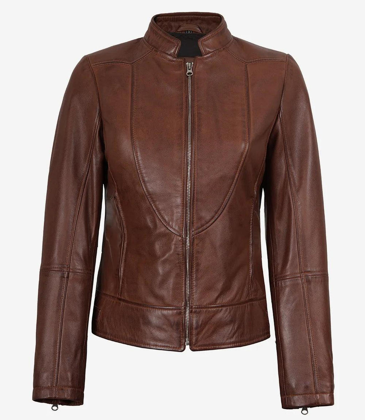 Cognac Leather Biker Style Jacket for Women-Leather Jackets-Glompi-Glompi