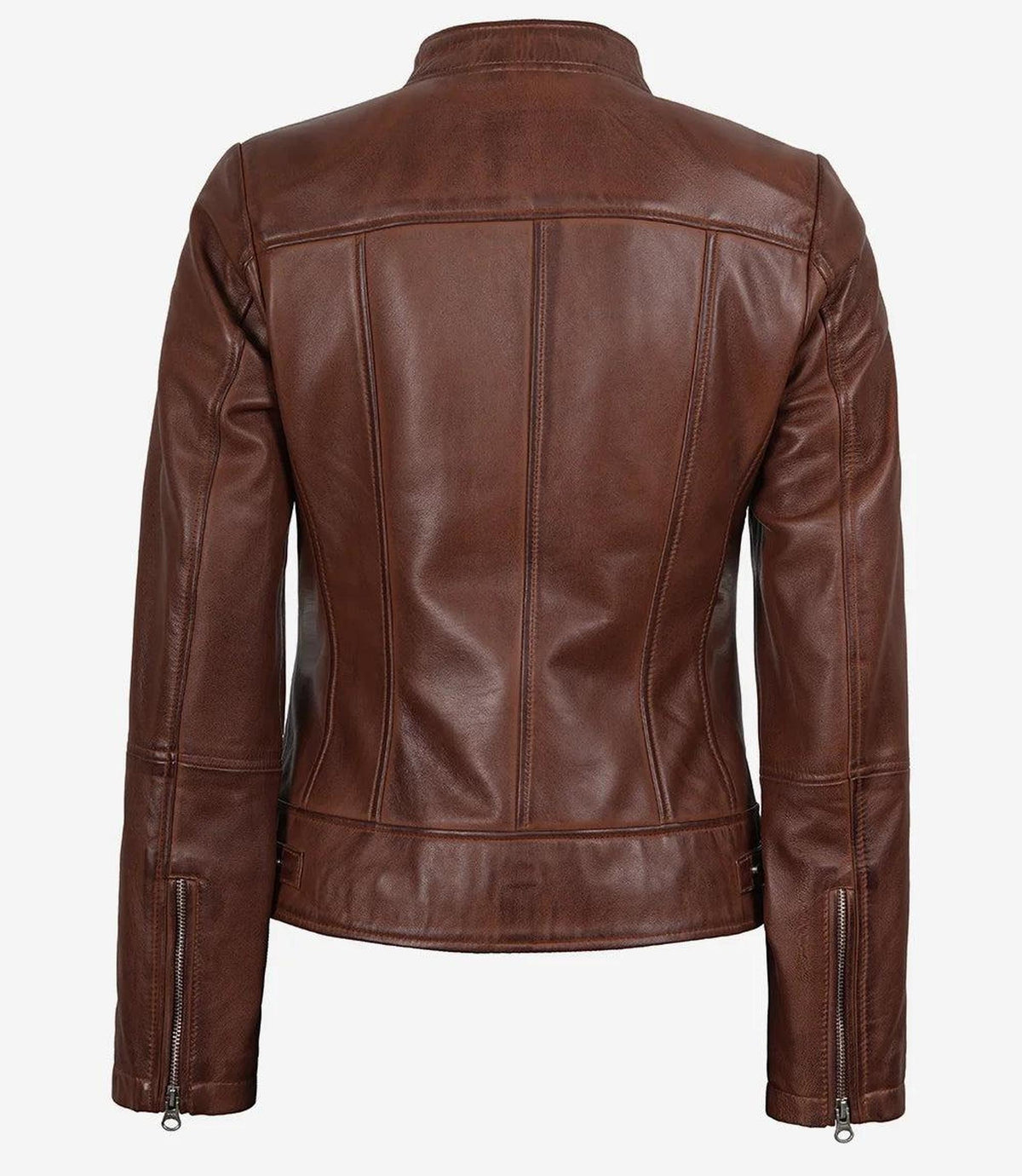 Cognac Leather Biker Style Jacket for Women-Leather Jackets-Glompi-Glompi