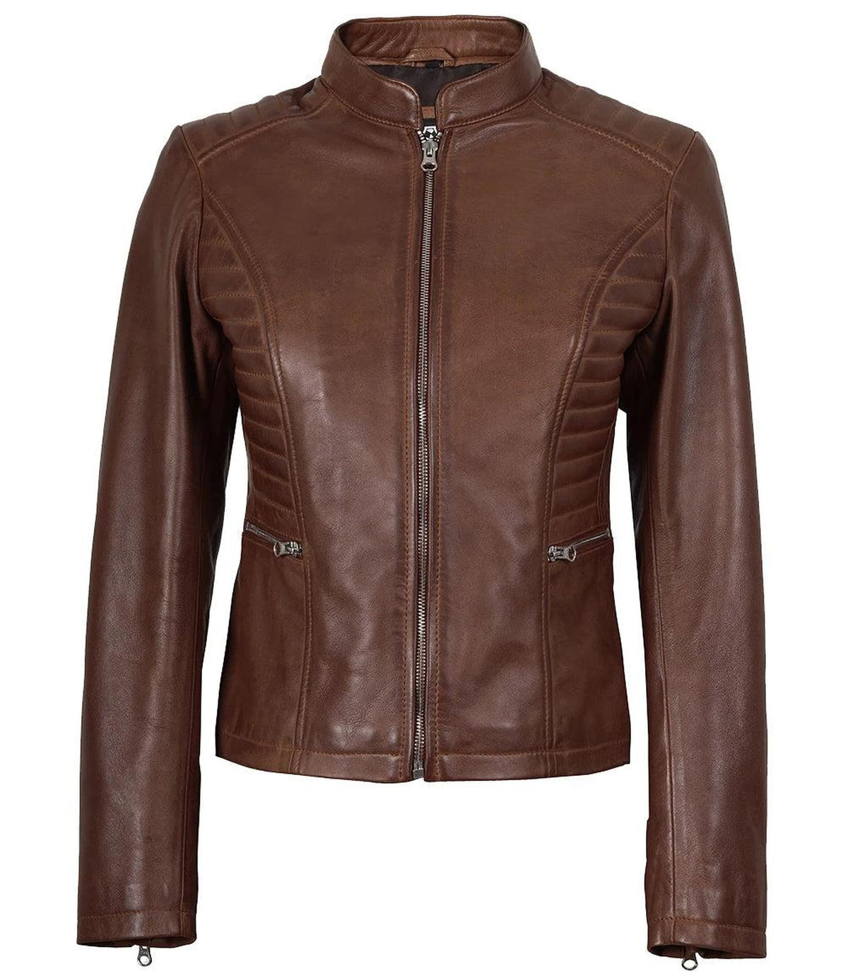 Cognac Leather Biker Style Jacket for Women-Leather Jackets-Glompi-Glompi