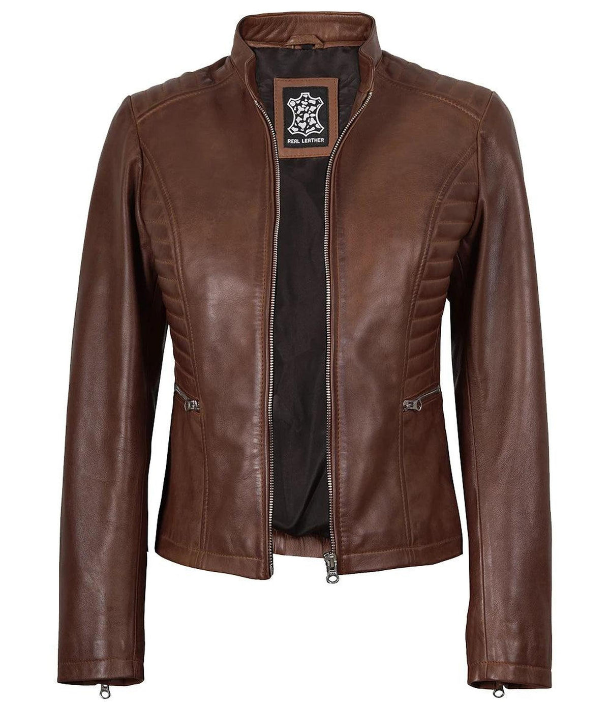 Cognac Leather Biker Style Jacket for Women-Leather Jackets-Glompi-Glompi