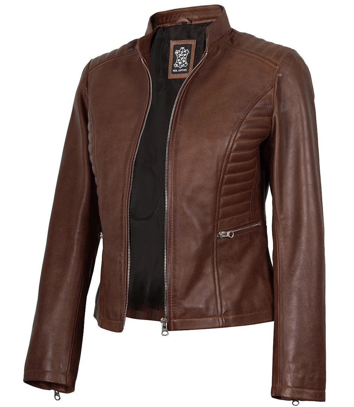 Cognac Leather Biker Style Jacket for Women-Leather Jackets-Glompi-M-Glompi