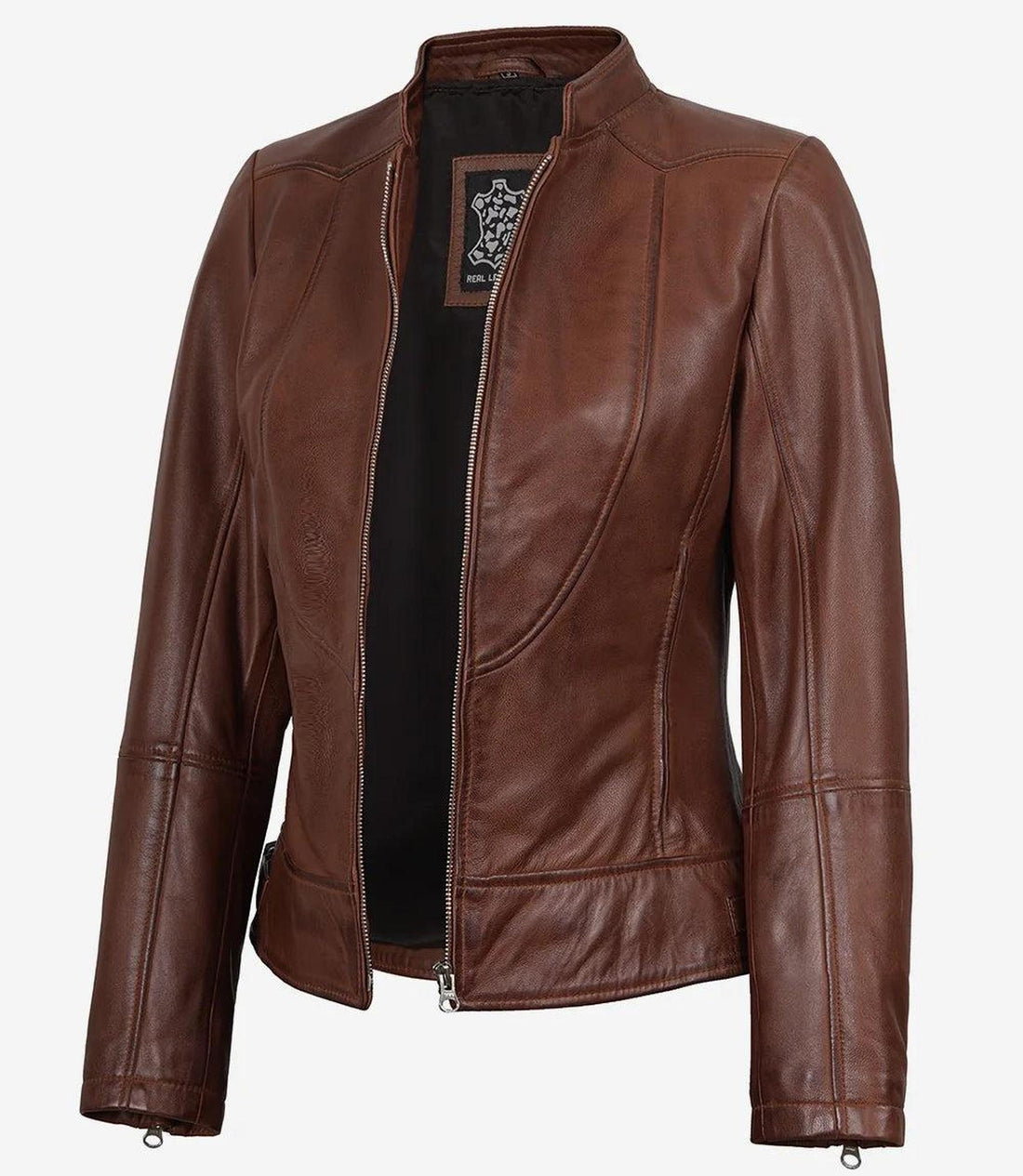 Cognac Leather Biker Style Jacket for Women-Leather Jackets-Glompi-M-Glompi