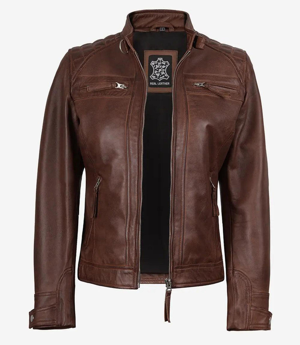 Cognac Leather Biker Style Jacket with Quilted Shoulders 3