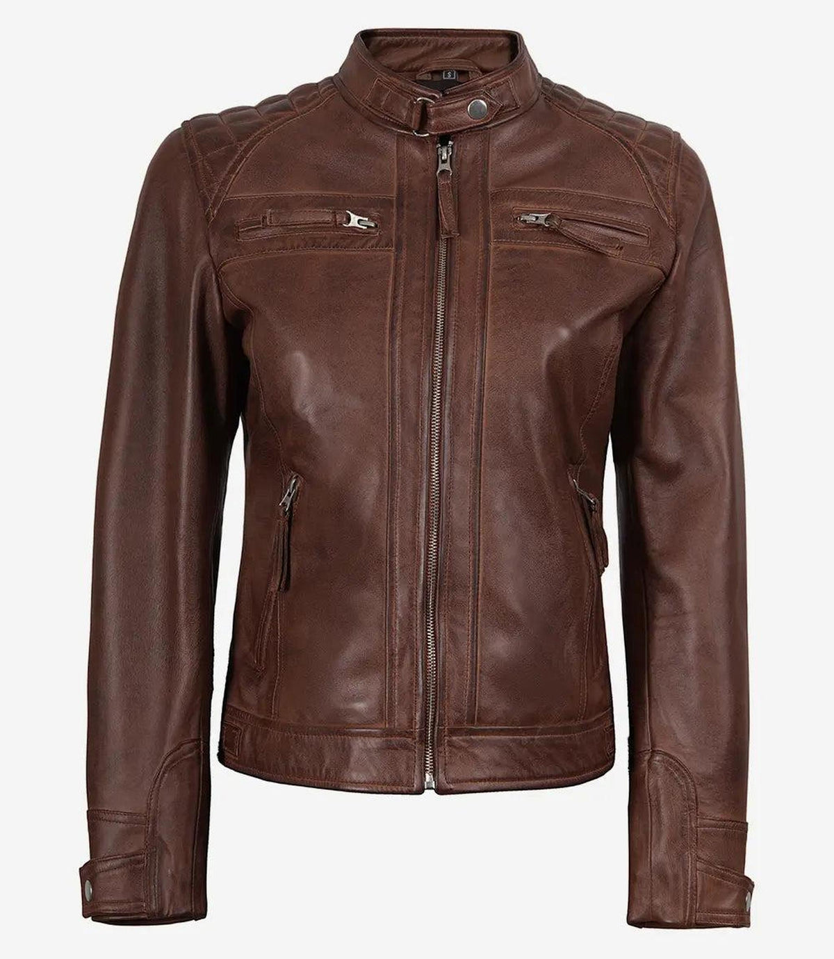 Cognac Leather Biker Style Jacket with Quilted Shoulders 4