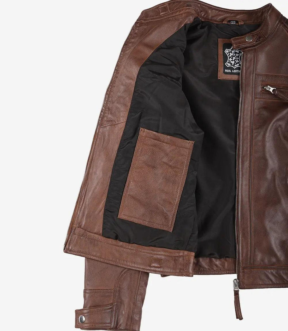 Cognac Leather Biker Style Jacket with Quilted Shoulders 5