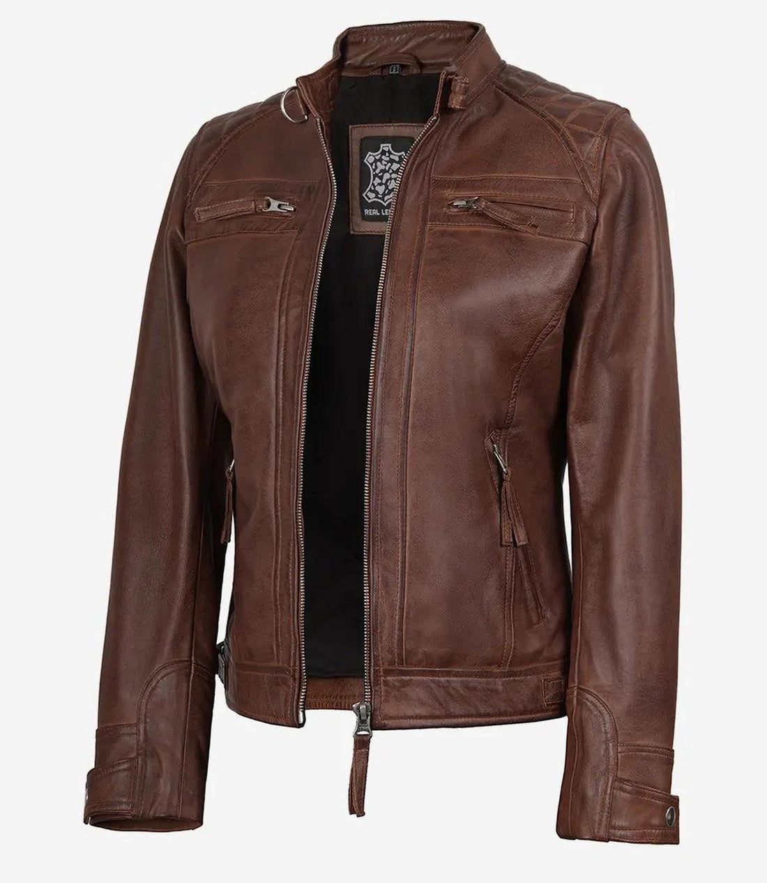Cognac Leather Biker Style Jacket with Quilted Shoulders 2
