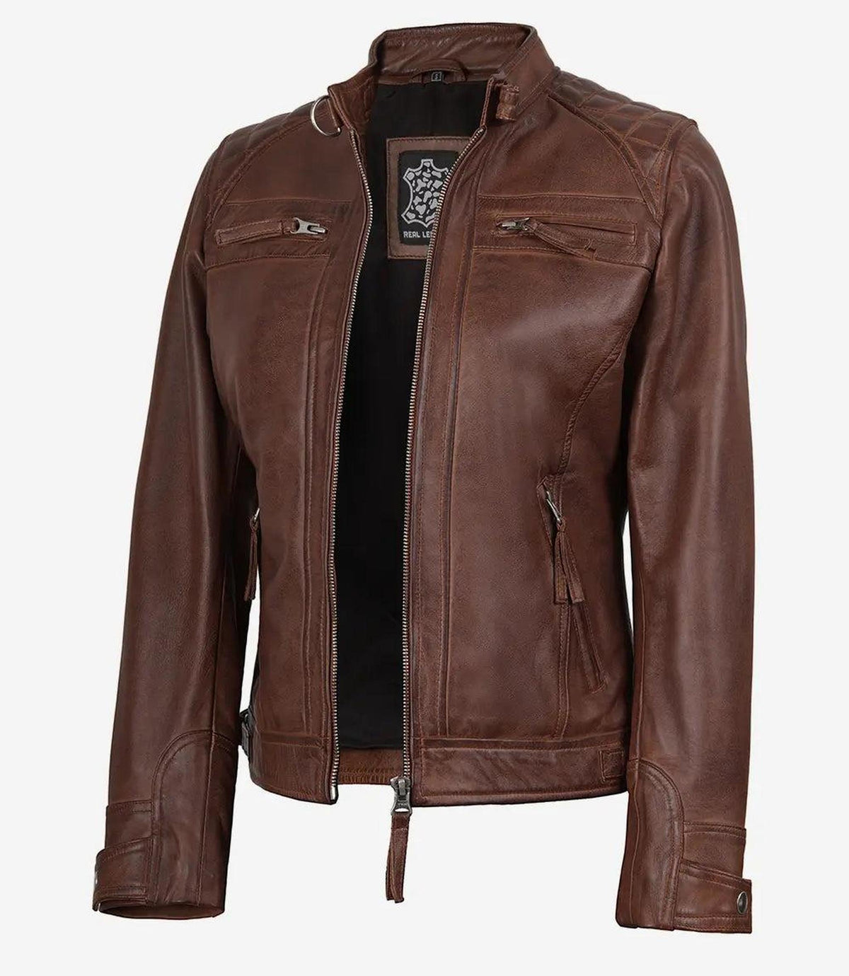 Cognac Leather Biker Style Jacket with Quilted Shoulders 2