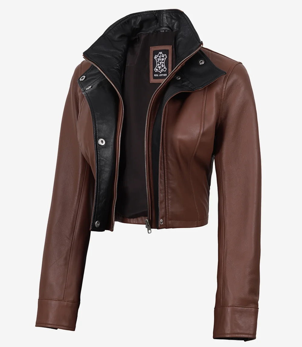 Cognac Leather Cropped Jacket for Women with Black Accents-Glompi-XS-Glompi