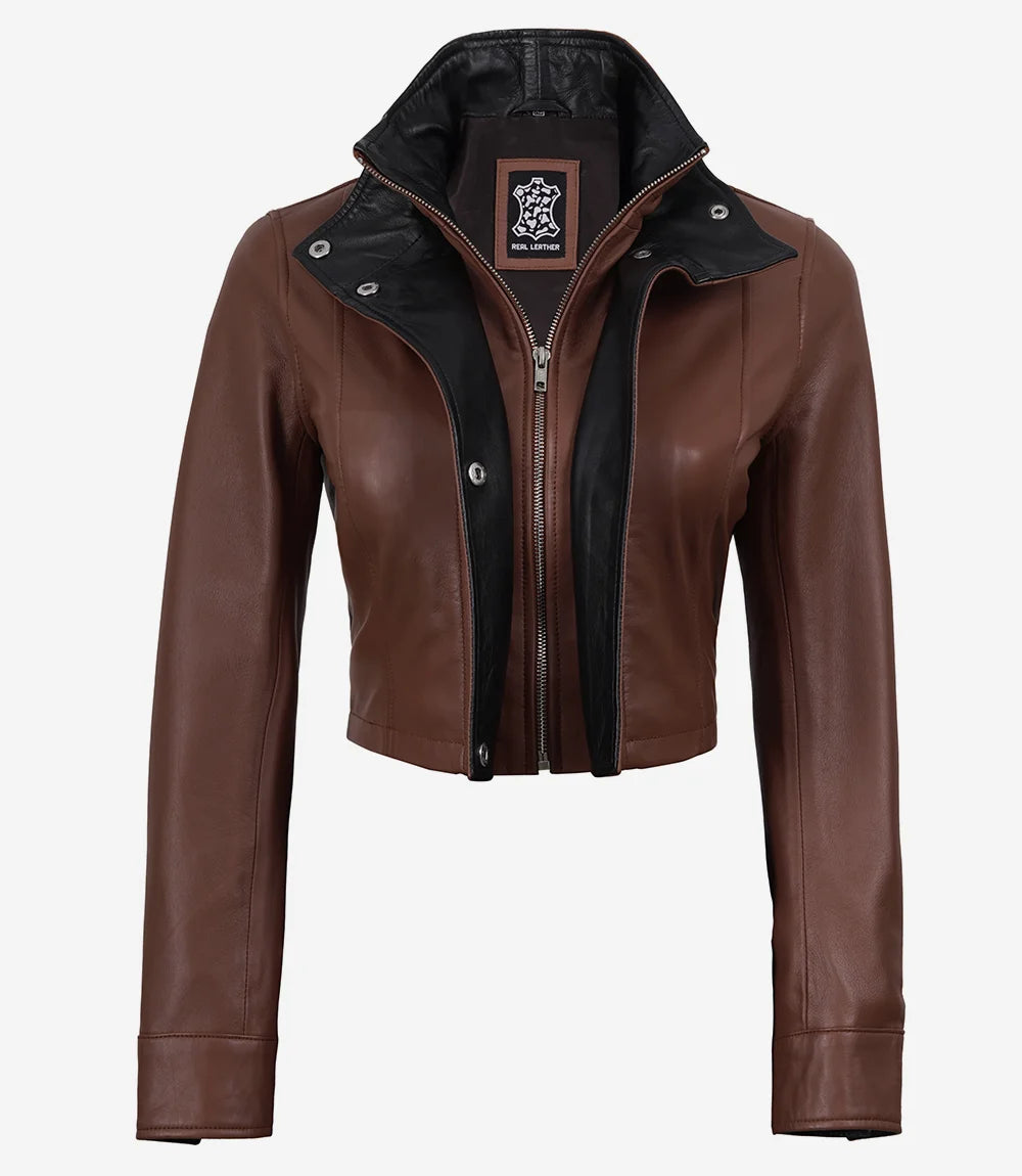 Cognac Leather Cropped Jacket for Women with Black Accents-Glompi-Glompi