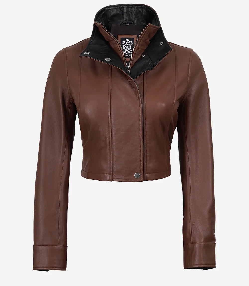 Cognac Leather Cropped Jacket for Women with Black Accents-Glompi-Glompi