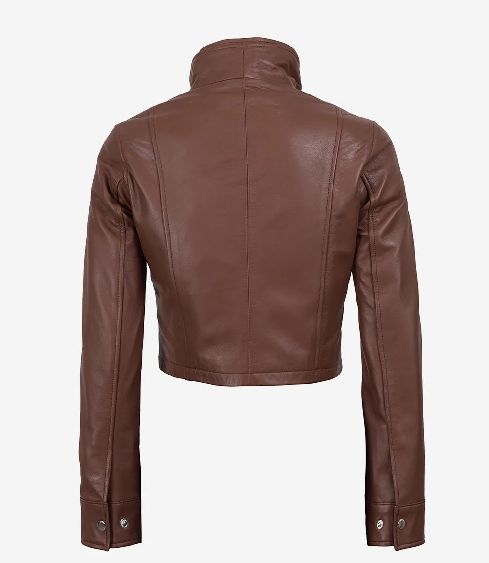 Cognac Leather Cropped Jacket for Women with Black Accents-Glompi-Glompi