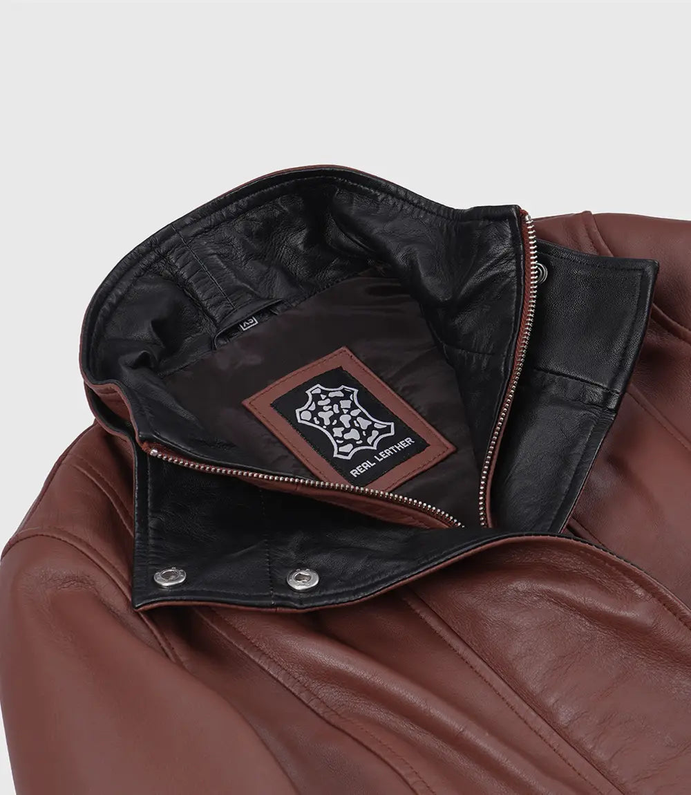 Cognac Leather Cropped Jacket for Women with Black Accents-Glompi-Glompi