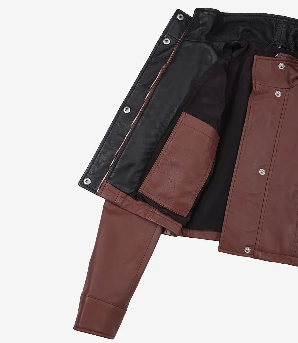 Cognac Leather Cropped Jacket for Women with Black Accents-Glompi-Glompi