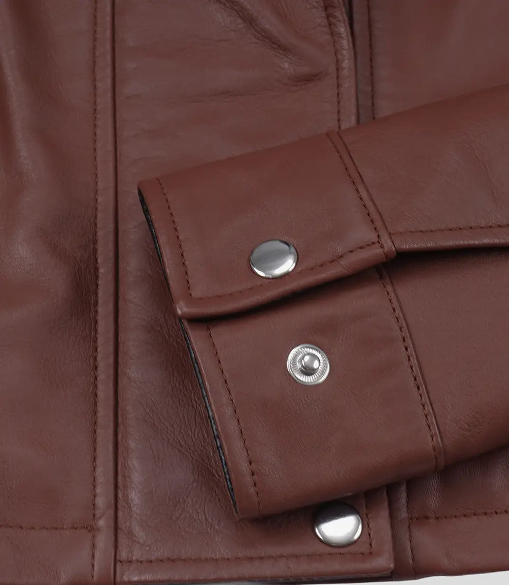 Cognac Leather Cropped Jacket for Women with Black Accents-Glompi-Glompi