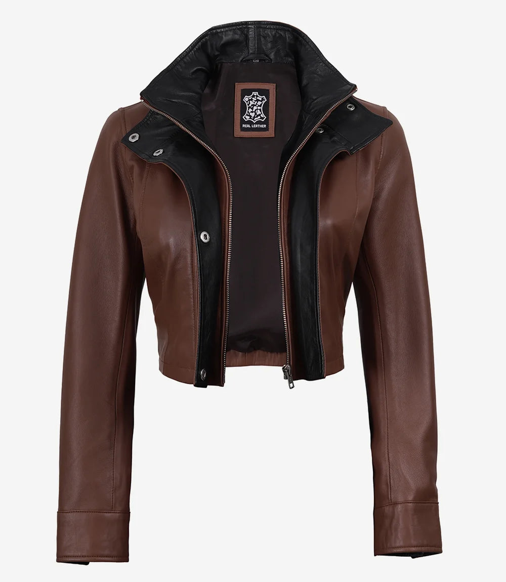 Cognac Leather Cropped Jacket for Women with Black Accents-Glompi-XS-Glompi