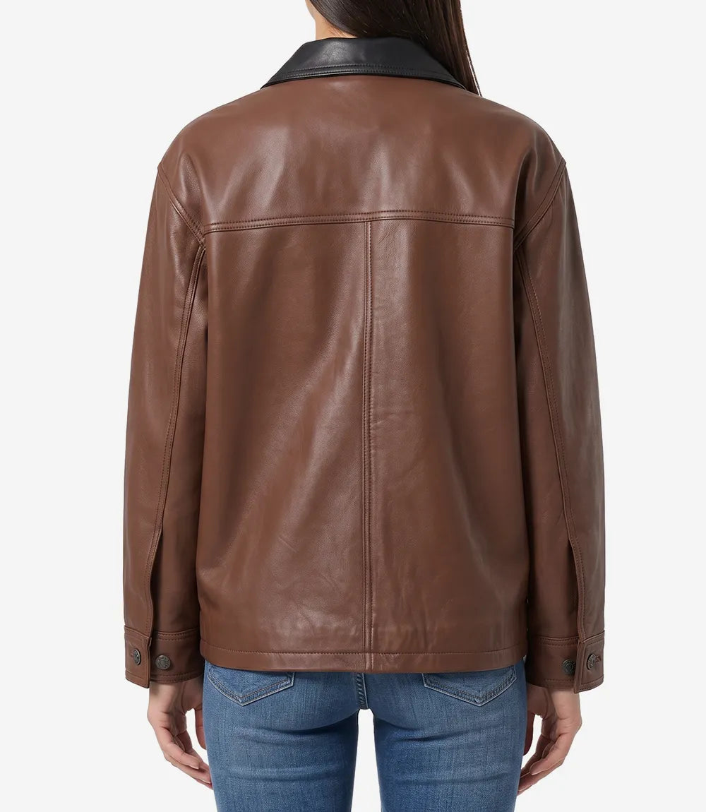 Cognac Leather Drop Shoulder Women's Jacket with Pockets-Leather Jackets-Glompi-Glompi