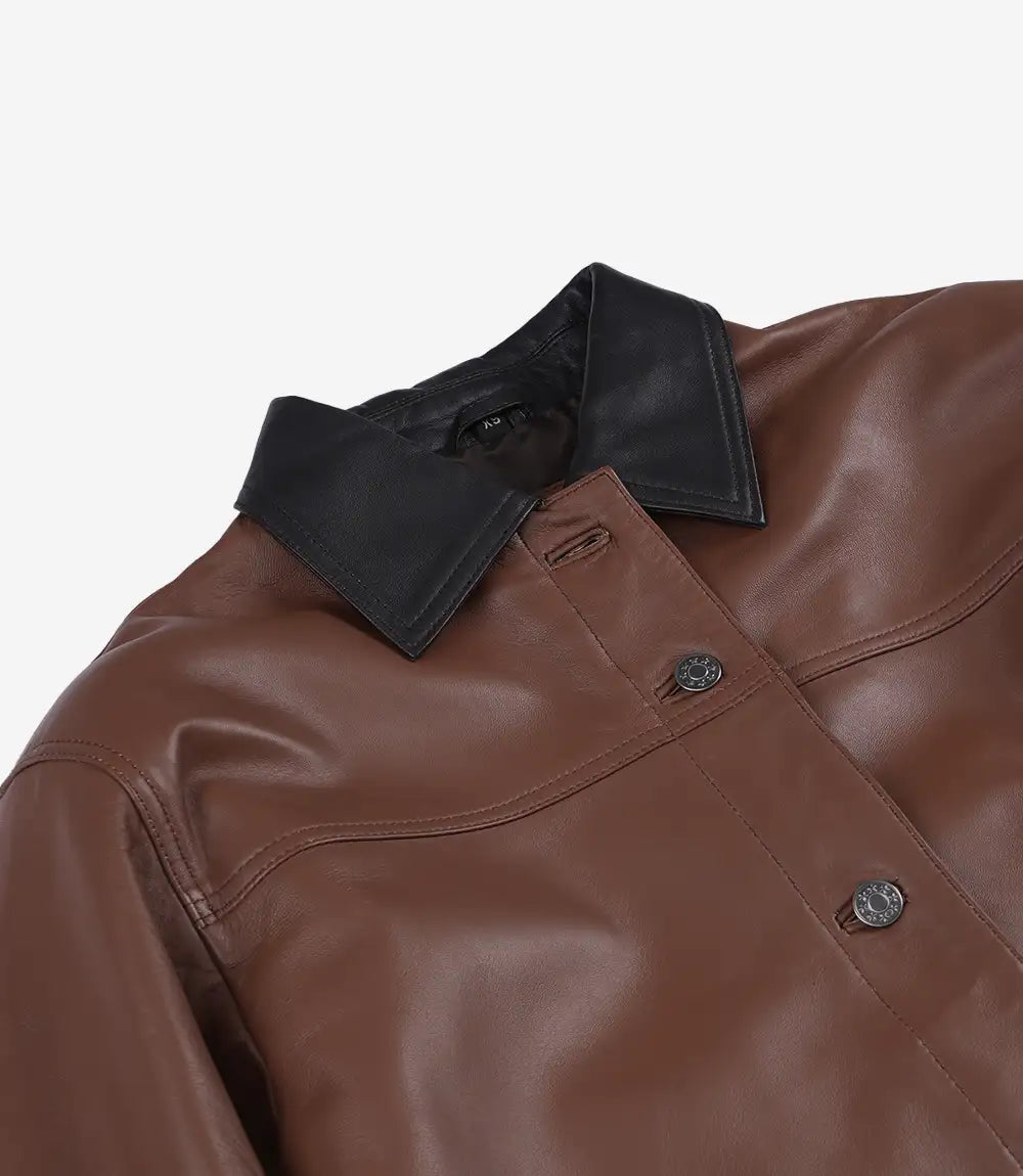 Cognac Leather Drop Shoulder Women's Jacket with Pockets-Leather Jackets-Glompi-Glompi