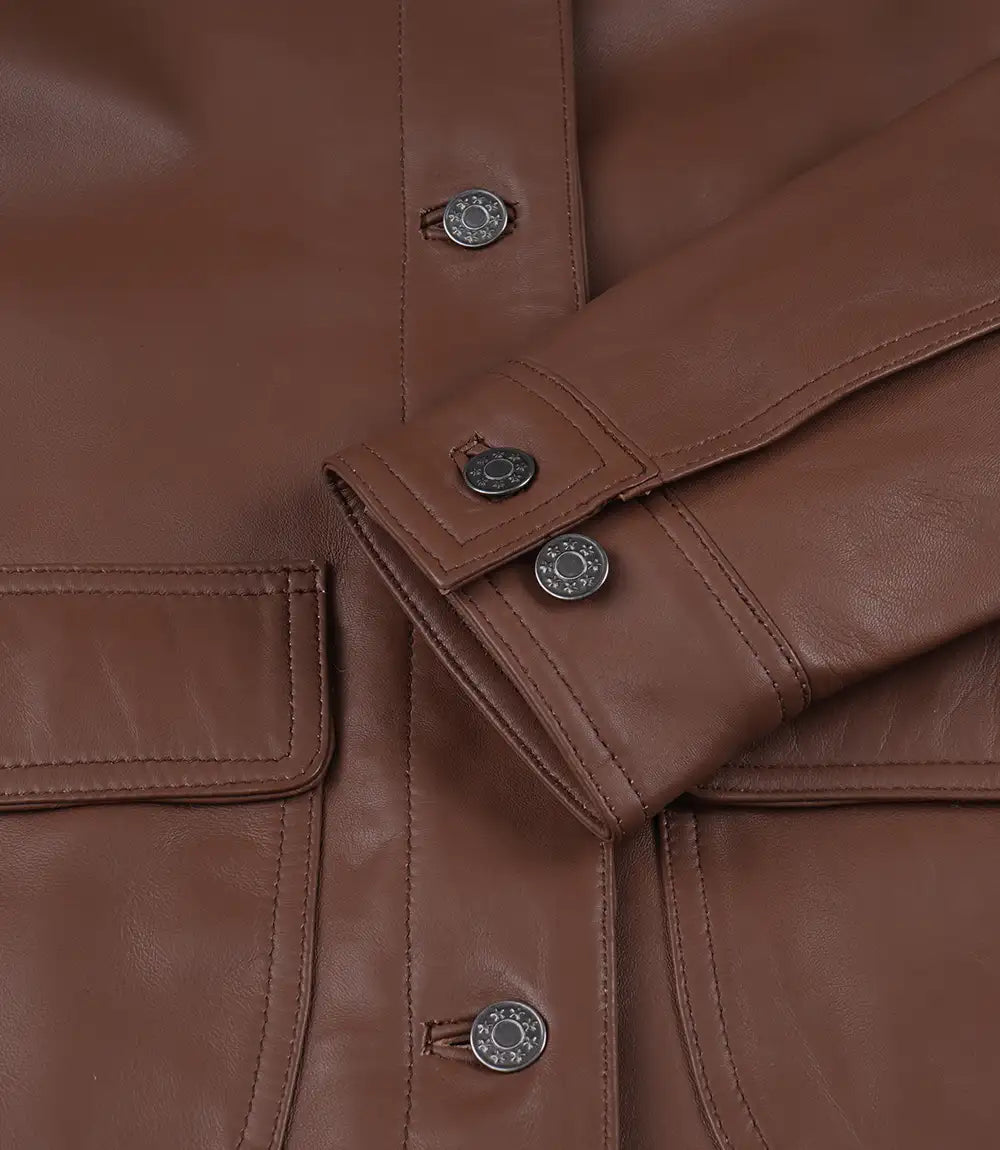 Cognac Leather Drop Shoulder Women's Jacket with Pockets-Leather Jackets-Glompi-Glompi
