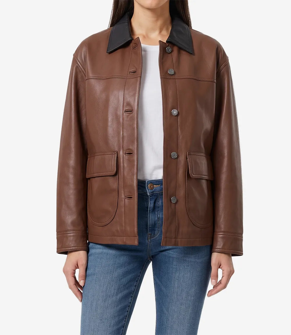 Cognac Leather Drop Shoulder Women's Jacket with Pockets-Leather Jackets-Glompi-XS-Glompi