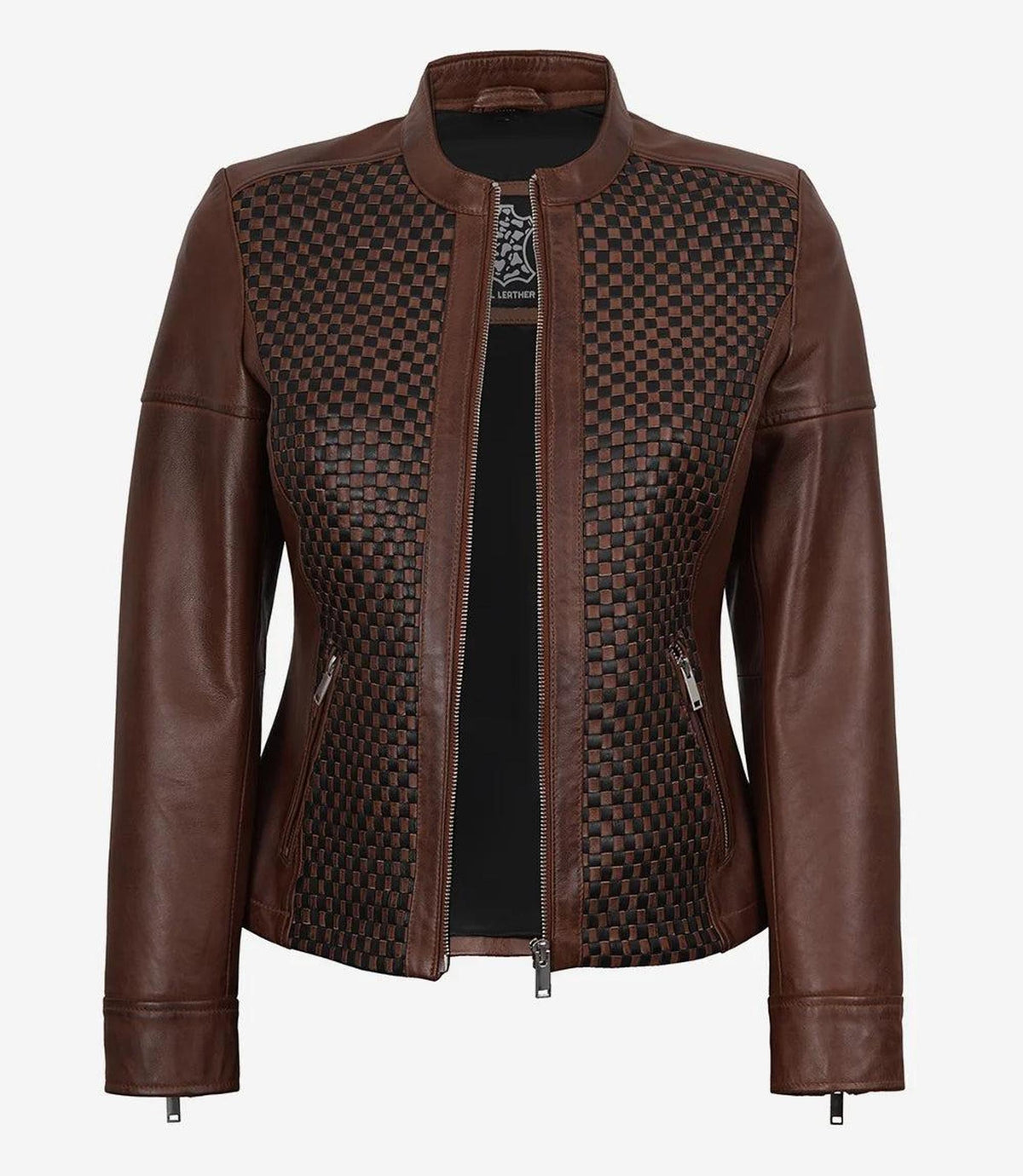 Cognac Leather Jacket with Checkered Panel Design 3