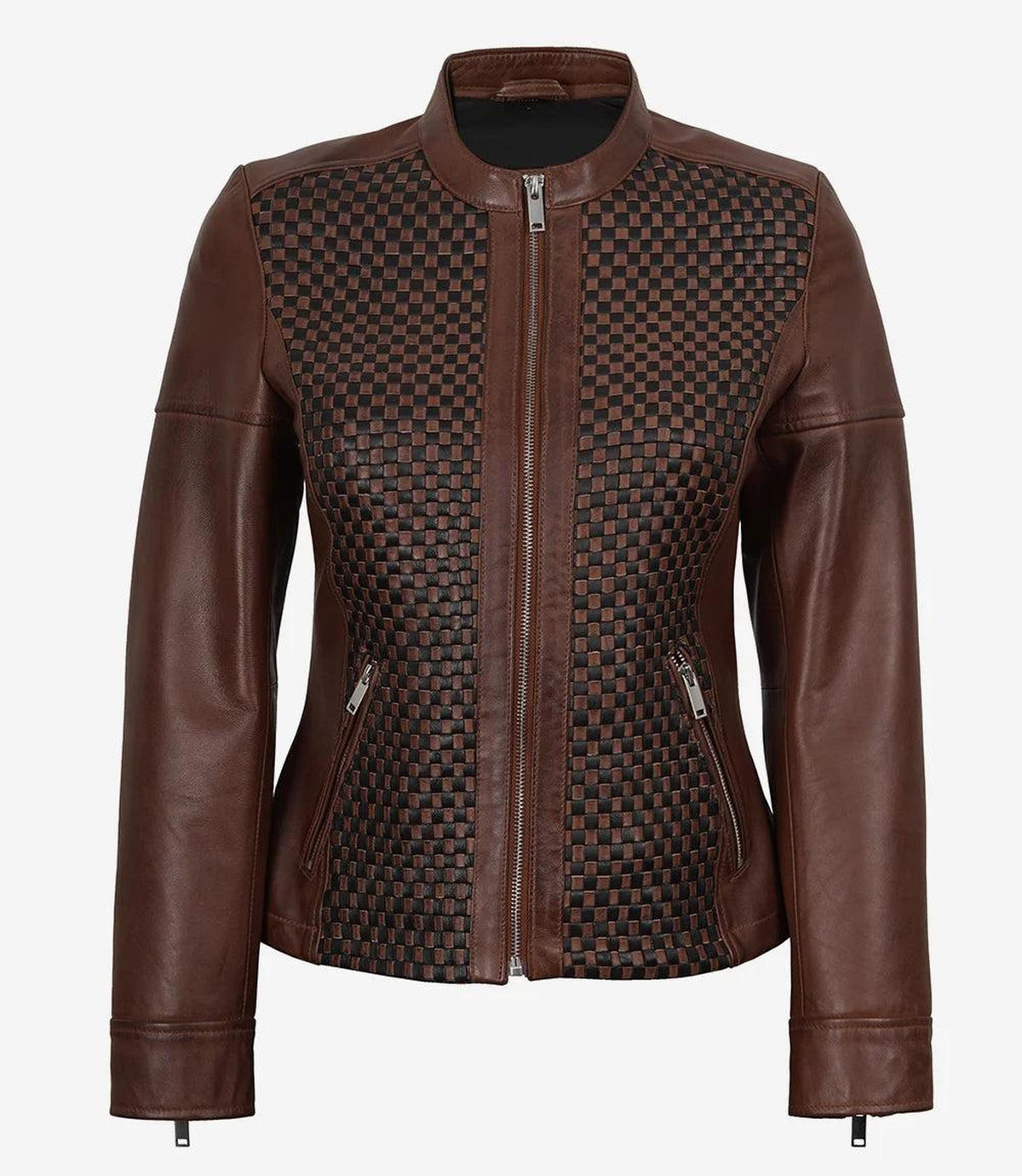 Cognac Leather Jacket with Checkered Panel Design 4