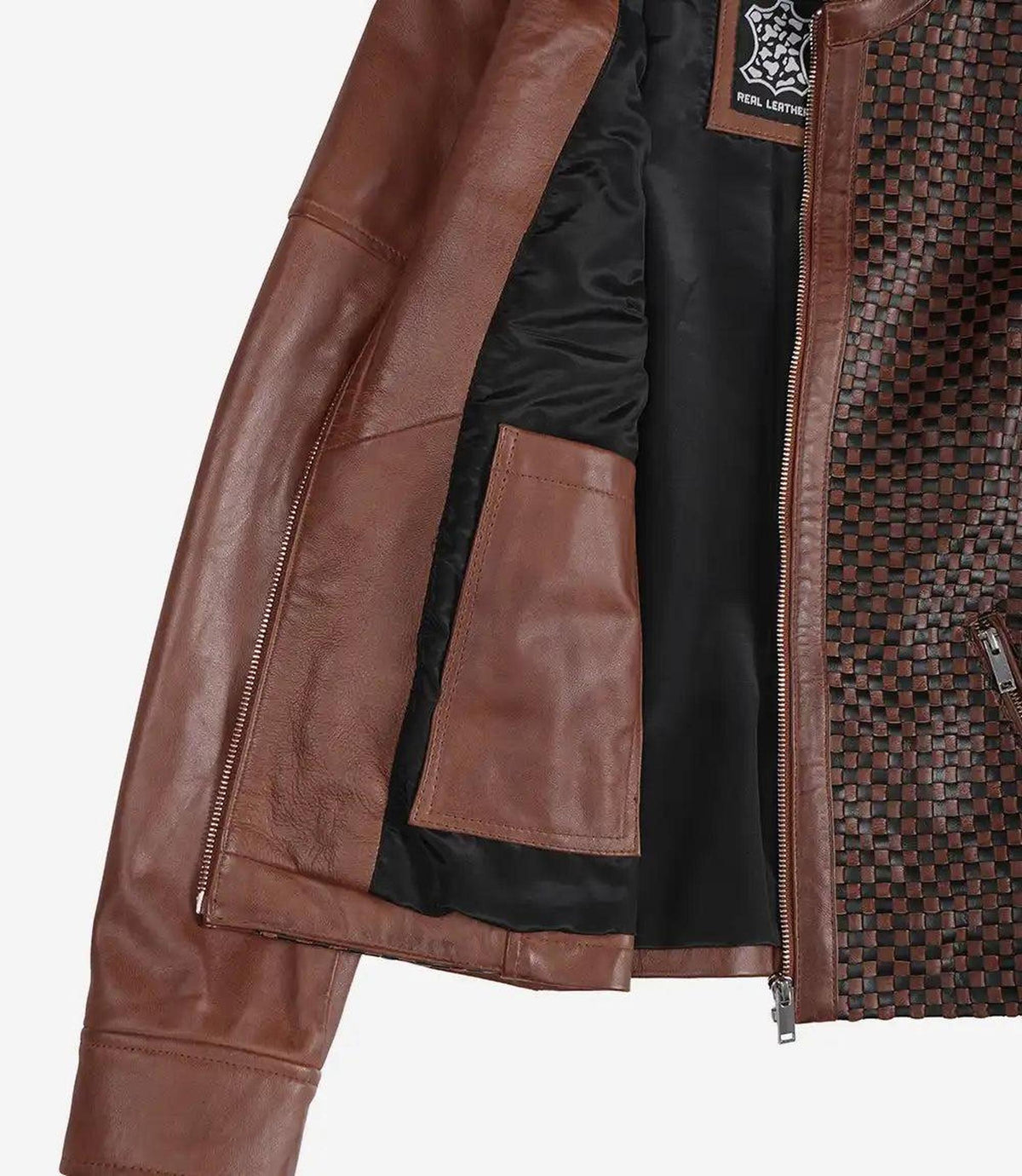 Cognac Leather Jacket with Checkered Panel Design 5