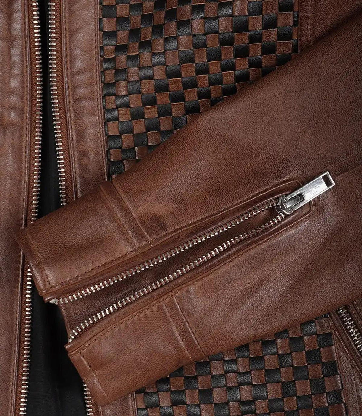 Cognac Leather Jacket with Checkered Panel Design 6