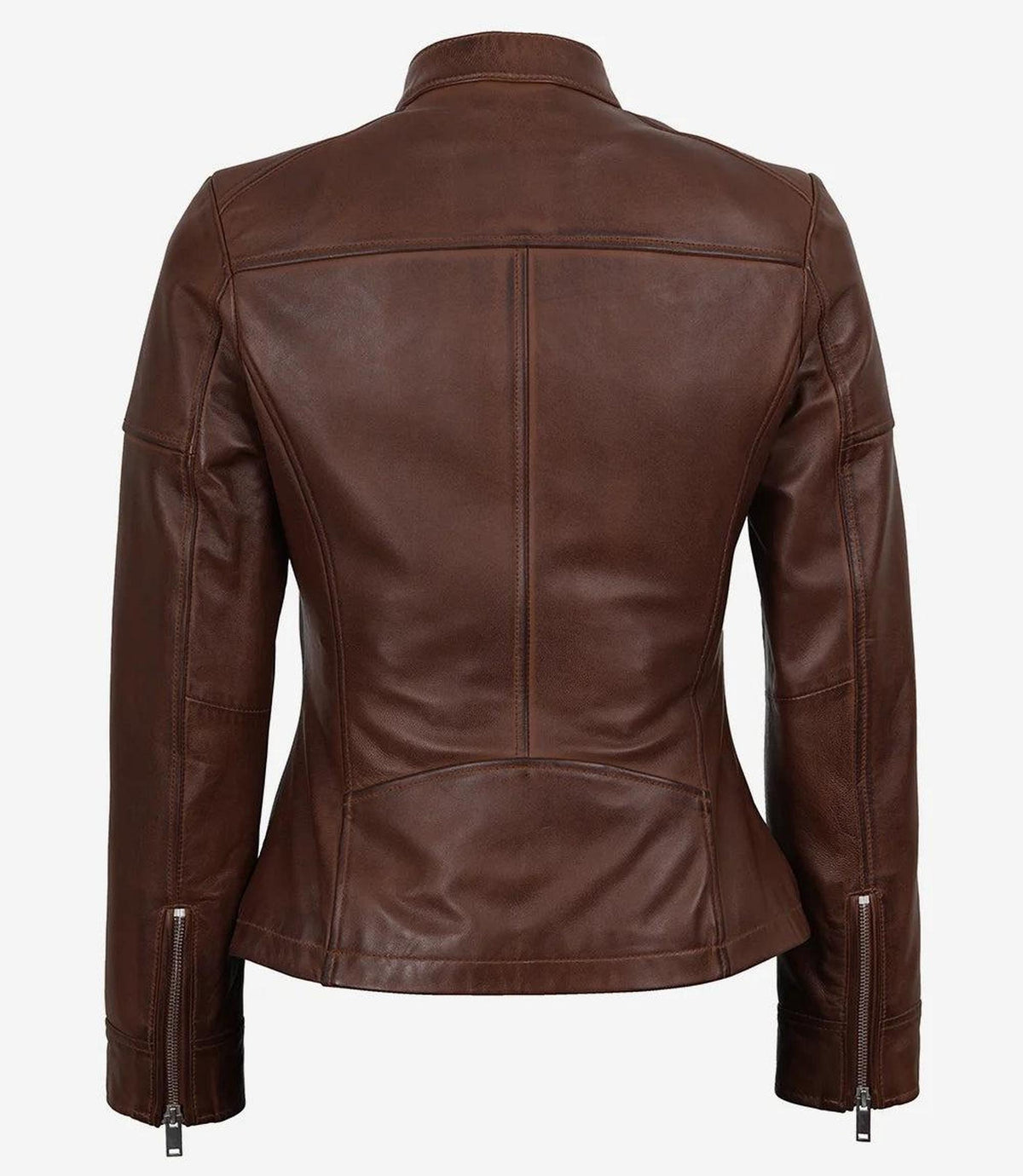 Cognac Leather Jacket with Checkered Panel Design 7
